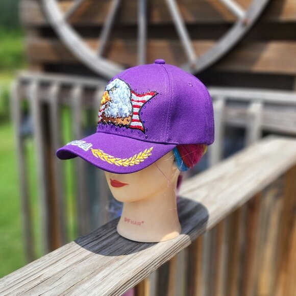 Ladies Purple USA Eagle Head BLING Hat NEW - Picture 3 of 4